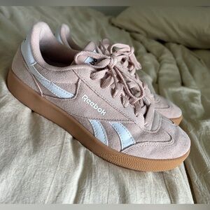 Reebok Low-Top Suede Sneakers in Blush Pink and White with Gum Sole